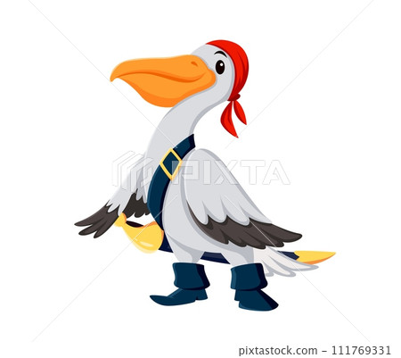 Cartoon pelican bird pirate corsair animal character. Isolated vector feathered buccaneer sailor personage donning red bandana and sword, squawks orders, searching for fishy treasures on the high seas Cartoon pelican bird pirate corsair animal character. Isolated vector feathered buccaneer sailor personage donning red bandana and sword, squawks orders, searching for fishy treasures on the high seas 111769331