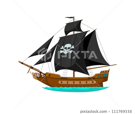 Cartoon sea pirate corsair sailing ship. Isolated vector old frigate with black sails, jolly roger skull, flag and wooden hull. Brigantine on ocean waves, ready for adventure. Buccaneer transportation 111769338