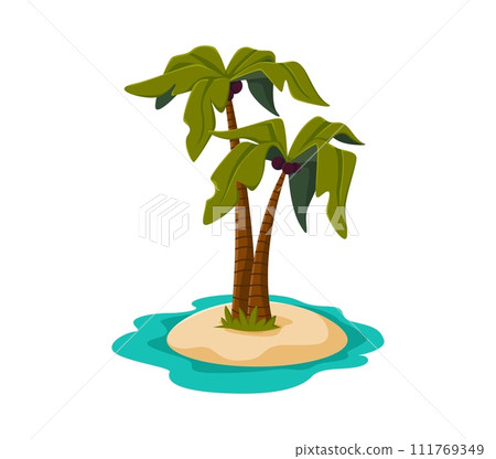 Cartoon tropical palm tree on island in sea. Isolated vector palm tree stands on small sandy land, surrounded by crystal-clear ocean water, epitomizing paradise, perfect for a dreamy vacation escape 111769349