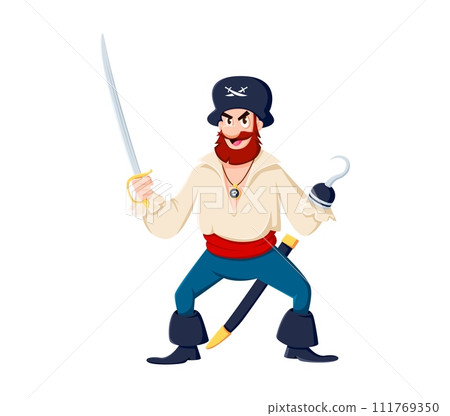 Cartoon sea pirate sailor and corsair captain character. Isolated vector lively filibuster personage with a sinister hook hand and saber, wearing a tricorn hat, ready for adventures on the high seas Cartoon sea pirate sailor and corsair captain character. Isolated vector lively filibuster personage with a sinister hook hand and saber, wearing a tricorn hat, ready for adventures on the high seas 111769350