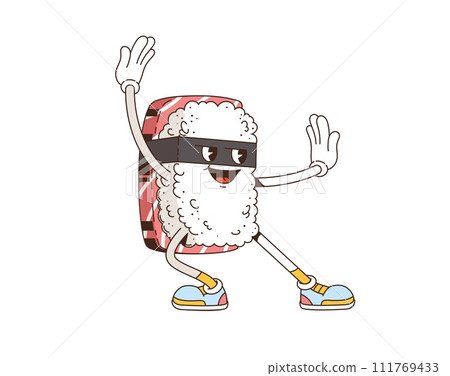 Cartoon retro groovy Japanese sushi character. Isolated vector vibrant Nigiri asian food ninja personage with dynamic moves, sporting black funky mask, exuding an irresistibly cool and playful vibe Cartoon retro groovy Japanese sushi character. Isolated vector vibrant Nigiri asian food ninja personage with dynamic moves, sporting black funky mask, exuding an irresistibly cool and playful vibe 111769433
