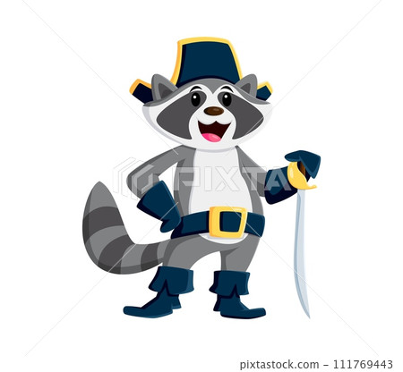 Cartoon raccoon corsair pirate animal character. Isolated vector mischievous coon personage with cocked hat and a cunning grin, stand with a gleaming saber, ready for adventurous woodland escapades 111769443