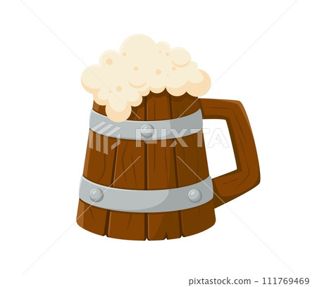 Cartoon beer tankard. Isolated vector pirate mug, carved from wood, brims with foamy brew or ale, its sides adorned with curve handle and metal loops. Rugged wood cup for a cozy, convivial gathering 111769469