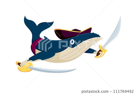 Cartoon whale pirate corsair animal character. Vector whimsical underwater rover personage with a tricorn hat, and dual sabers, navigates the high seas seeking fishy treasures and aquatic adventures 111769492