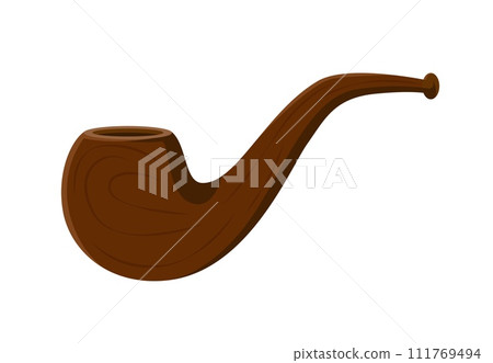 Cartoon pirate smoking pipe, vintage device, rugged and carved from dark wood. Isolated vector tool for inhaling tobacco smoke, traditional item of corsairs. Vintage filibuster equipment, game asset Cartoon pirate smoking pipe, vintage device, rugged and carved from dark wood. Isolated vector tool for inhaling tobacco smoke, traditional item of corsairs. Vintage filibuster equipment, game asset 111769494