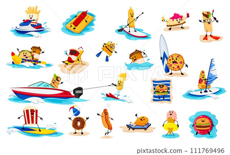 Cartoon fast food character on summer vacation. Vector french fries, ketchup, mustard, pie and burrito. Taco, coffee and soda drink, nachos, pizza, cocktail with ice cream, burger or pop corn on beach 111769496