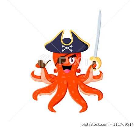 Cartoon sea octopus pirate corsair animal character with sabers. Isolated vector comic devilfish personage with smoking pipe and sword in tentacles, wears evil smile, eye patch and captain tricorn hat 111769514