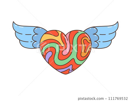 Cartoon retro groovy hippie winged heart with bold, swirling, vibrant, psychedelic colors. Isolated vector symbol encapsulates free spirit of the 60s and 70s hippie movement, love or Valentines day Cartoon retro groovy hippie winged heart with bold, swirling, vibrant, psychedelic colors. Isolated vector symbol encapsulates free spirit of the 60s and 70s hippie movement, love or Valentines day 111769532