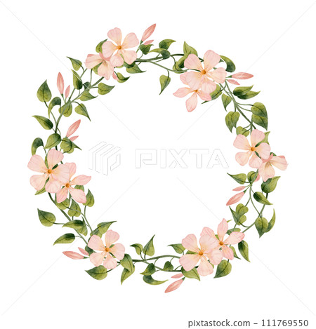 Oleander flowers and tropical vines round wreath watercolor floral illustration isolated on white background. Botanical summer drawing for logo design, cards and stickers 111769550