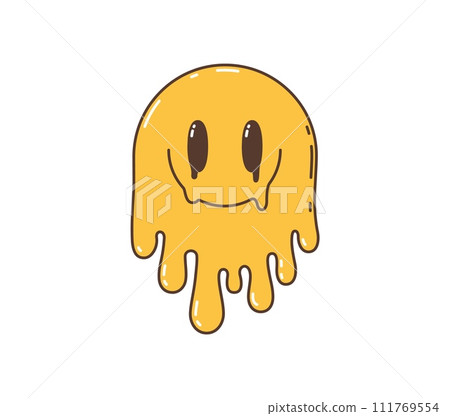 Cartoon retro groovy hippie melt smile character. Isolated vector yellow vintage dripping face emoji, melting psychedelic facial expression. Weird, trippy face, positive, surreal acid, lsd funky vibe Cartoon retro groovy hippie melt smile character. Isolated vector yellow vintage dripping face emoji, melting psychedelic facial expression. Weird, trippy face, positive, surreal acid, lsd funky vibe 111769554
