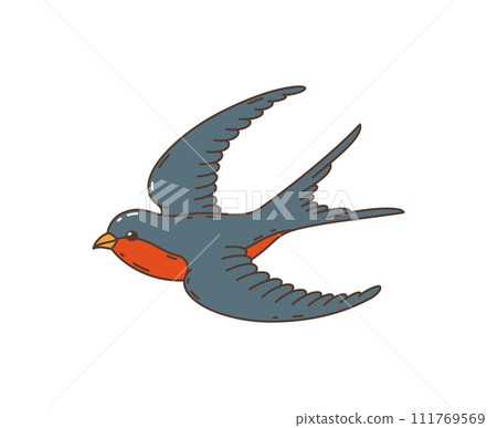 Cartoon retro groovy hippie swallow bird. Isolated vector martlet with black and red feathers flying with outspread wings. Nostalgic symbol of spring, freedom and peace, groove, hippy style 111769569