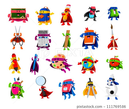 Cartoon school supply superhero and defender characters. Isolated vector blackboard, backpack, pencil and eraser. Sharpener, scissors, calculator and ruler with textbook. Paintbrush, loupe and compass Cartoon school supply superhero and defender characters. Isolated vector blackboard, backpack, pencil and eraser. Sharpener, scissors, calculator and ruler with textbook. Paintbrush, loupe and compass 111769586