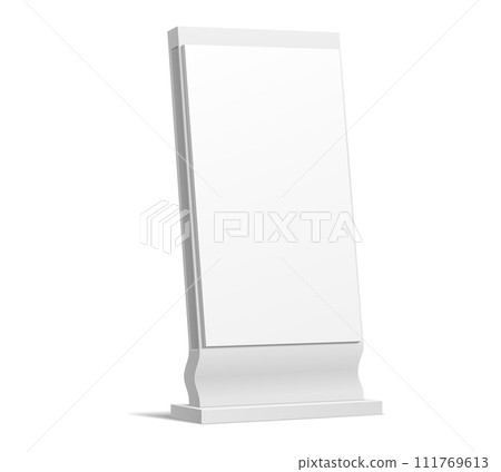 3D outdoor stand display mockup for advertising or information board, vector ad billboard. Isolated white vertical poster display or POS screen stand, advertising or exhibition display mock up 3D outdoor stand display mockup for advertising or information board, vector ad billboard. Isolated white vertical poster display or POS screen stand, advertising or exhibition display mock up 111769613