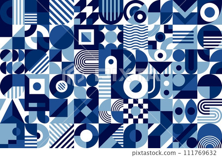 Abstract sea blue, white and azure geometric pattern vector background. Color squares, circles and triangles shapes mosaic composition of modern art, minimalist graphic background trendy tile 111769632
