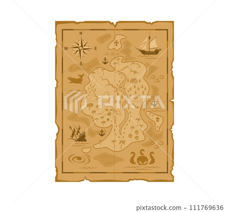 Cartoon pirate treasures map. Vector worn fantasy vintage parchment with sea, land, Caribbean islands, monster, compass wind rose and sail ships. Isolated old, antique, medieval paper adventure map Cartoon pirate treasures map. Vector worn fantasy vintage parchment with sea, land, Caribbean islands, monster, compass wind rose and sail ships. Isolated old, antique, medieval paper adventure map 111769636