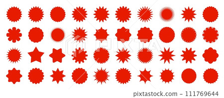 Red straburst sale price labels, stickers and seals. Isolated vector set of rosettes and sunbursts, callout or splash, stamps, tags and badges. Circular patches with jagged edges for promo advertising 111769644