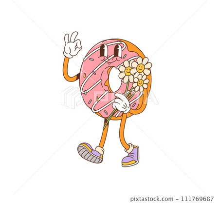 Cartoon donut retro groovy character joyfully holds a flower bouquet. Isolated vector doughnut pastry with pink glaze, colorful sprinkles and vintage flair, embodying a nostalgic 70s inspired vibe 111769687