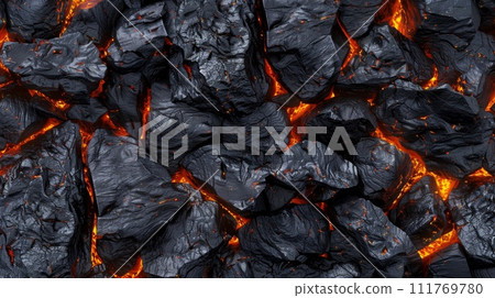 Burning coals in hot magma. Close-up. 111769780