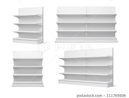 White retail shop product supermarket shelf and rack. Empty store showcase display stand vector 3d mockups of retail market, exhibition and warehouse equipment. Front view of metal cases with shelves 111769806