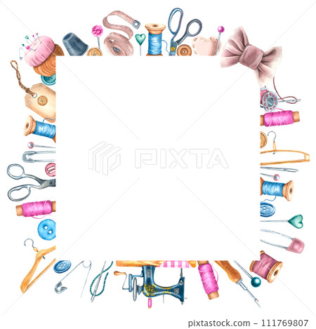 Square frame with scissors, buttons, sewing machine. Hand drawn watercolor illustration of colorful craft supplies on a white isolated background. Drawing of a template card with empty space for text 111769807