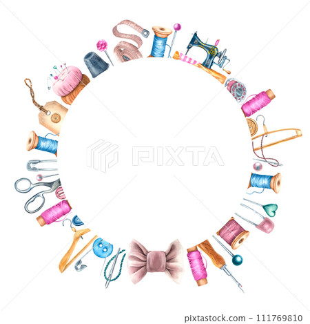 Sewing wreath with sewing machine, thread and vintage scissors. Hand drawn watercolor illustration Frame with tailor supplies on white isolated background. Drawing of handicraft accessories for icon Sewing wreath with sewing machine, thread and vintage scissors. Hand drawn watercolor illustration Frame with tailor supplies on white isolated background. Drawing of handicraft accessories for icon 111769810