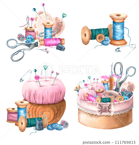A set of items for sewing and handicrafts. Threads, box with bow, buttons, pincushion, seam ripper, needles and pins. Hand drawn watercolor illustration isolated on background. For workshop design A set of items for sewing and handicrafts. Threads, box with bow, buttons, pincushion, seam ripper, needles and pins. Hand drawn watercolor illustration isolated on background. For workshop design 111769815