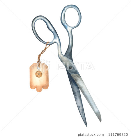 Watercolor illustration of old open metal tailor's scissors and craft paper label with a button sewn onto it. Hand drawn illustration on isolated background. Use for poster, print, card, advertising. 111769820
