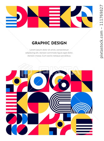 Abstract poster with geometric pattern borders. Modern graphic banner vector template of color squares, lines and triangles, circles and arches shapes composition. Geometric mosaic with figures grid 111769827