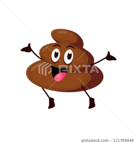 Funny poo excrement, cartoon poop emoji character with happy smile. Excited toilet shit or crap pile vector emoticon. Stinky brown poop showing ta-da hand gesture, cheerful emotion poo emoji Funny poo excrement, cartoon poop emoji character with happy smile. Excited toilet shit or crap pile vector emoticon. Stinky brown poop showing ta-da hand gesture, cheerful emotion poo emoji 111769846