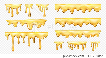 Realistic sweet yellow honey melt drip. Tasty nectar, melting amber, caramel syrup or sauce isolated vector lines. Sweet honey dessert dripping and flowing down liquid 3d borders and dividers set 111769854