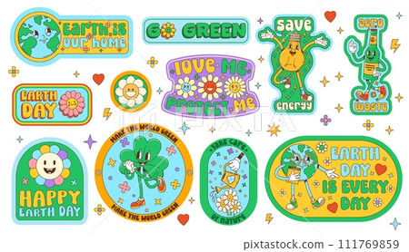 Environment groovy stickers with retro cartoon characters. Patches set with playful earth planet, light bulb, glass bottle, daisy flowers. Eco-friendly save nature decals with nostalgic positive vibes 111769859
