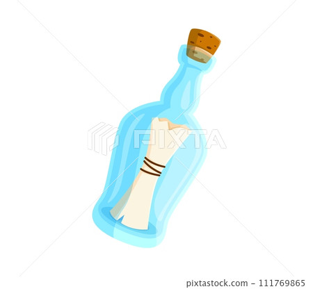 Cartoon bottle with message. Isolated vector transparent glass flask, sealed tightly with a cork, encases a rolled parchment. Pirate game adventure item, mysterious glass bottle, tossed by the sea Cartoon bottle with message. Isolated vector transparent glass flask, sealed tightly with a cork, encases a rolled parchment. Pirate game adventure item, mysterious glass bottle, tossed by the sea 111769865