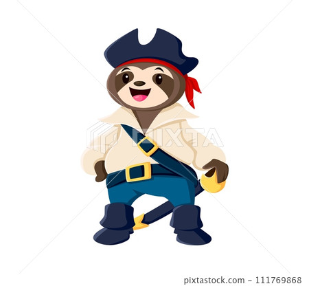 Cartoon funny sloth pirate animal character. Isolated vector lazy whimsical corsair wears a tricorn hat and red bandana, stands confidently with a saber on belt, ready for adventure on the high seas Cartoon funny sloth pirate animal character. Isolated vector lazy whimsical corsair wears a tricorn hat and red bandana, stands confidently with a saber on belt, ready for adventure on the high seas 111769868