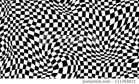 Trippy checkerboard background, wavy checker pattern, optical illusion. Vector seamless black and white swirl. Abstract distorted psychedelic texture, geometric ornament, monochrome chessboard print Trippy checkerboard background, wavy checker pattern, optical illusion. Vector seamless black and white swirl. Abstract distorted psychedelic texture, geometric ornament, monochrome chessboard print 111769872