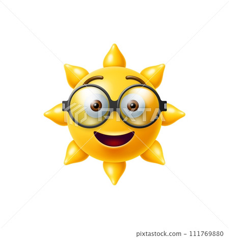 3d sun emoji, cool and cute yellow sunny character in glasses. Isolated vector radiant emoticon shines brightly while donning stylish spectacles. Smart, playful, charming personage with adorable face 3d sun emoji, cool and cute yellow sunny character in glasses. Isolated vector radiant emoticon shines brightly while donning stylish spectacles. Smart, playful, charming personage with adorable face 111769880