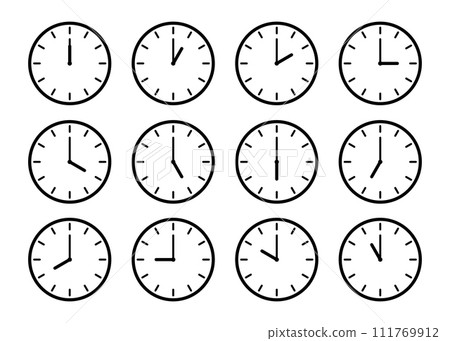 Clocks hands icon. Time sign for every hour. Stopwatch, clock faces set. Evening, morning and noon time. Simple hour icons. Vector illustration isolated on white background 111769912
