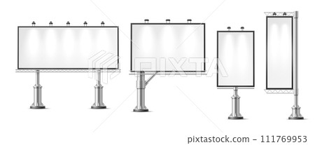 Outdoor billboard, street media panels isolated 3d vector mockups, showcasing advertising or design concepts on large-scale illuminated displays for realistic presentation and evaluation purposes 111769953