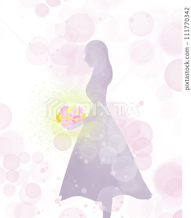 A fantastic illustration of a sparkling bouquet in a girl's hand. There is a lively celebratory atmosphere. 111770342