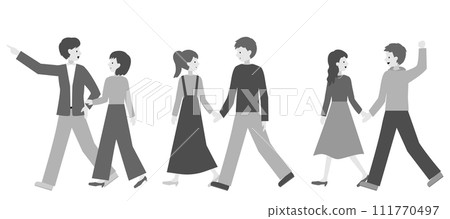 Illustration of a walking couple, monochrome Illustration of a walking couple, monochrome 111770497