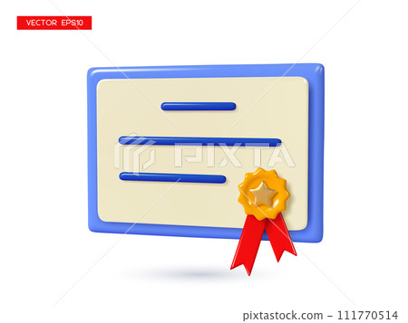Diploma, certificate icon stamped with medal and red ribbon. Graduation concept. 3d render vector illustration. 111770514