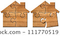 Wooden House Made of Jigsaw Puzzle Pieces Isolated on White Background 111770519