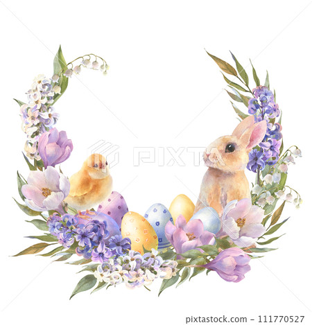 Watercolor little peach rabbit is sitting in the flowers wreath. Easter bunny and yellow chick, decorative eggs yellow, blue, violet. Template for designs , card, wallpaper. 111770527