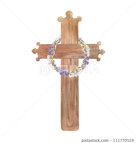 Watercolor cross with flower wreath bouquets. Easter catholic religious symbol. Orthodox cross for church and holidays. Latin symbol of the saint. Watercolor cross with flower wreath bouquets. Easter catholic religious symbol. Orthodox cross for church and holidays. Latin symbol of the saint. 111770529