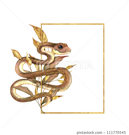 Gold rectangular frame with Twisted Snake and leaves. Hand drawn serpent floral illustration Gold rectangular frame with Twisted Snake and leaves. Hand drawn serpent floral illustration 111770545