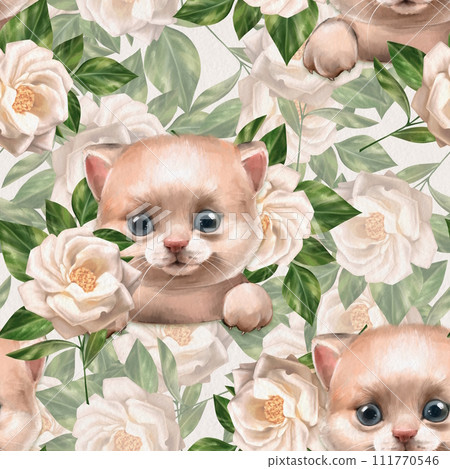 Seamless pattern with cute cats and white flowers. Floral background with kittens. 111770546