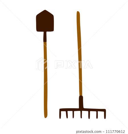 Gardening Tools Icon Flat Graphic Design. Vector Flat Rake and Shovel Illustration Isolated on white. Agriculture Equipment Objects for Card, Logotype, Clip Art, Sticker. Cartoon Digging Symbols. 111770612