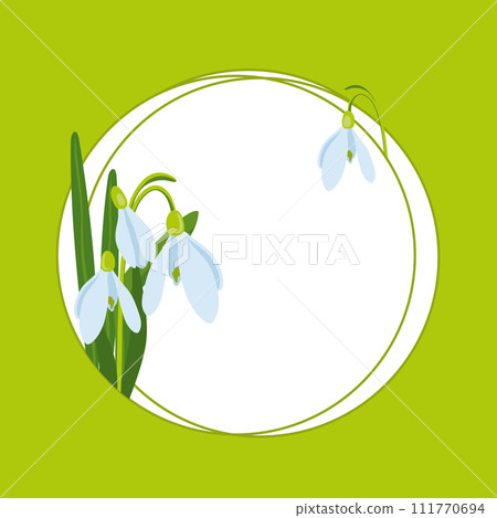 vector illustration of Easter theme, circle frame with bouquet of spring flowers snowdrops, white flowers, buds and leaves, spring party illustration on green background 111770694