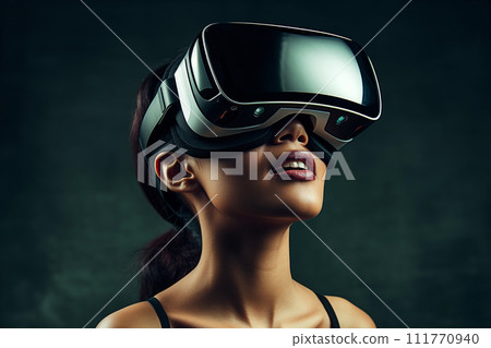 Young woman wearing virtual reality goggles. By generative Ai Young woman wearing virtual reality goggles. By generative Ai 111770940