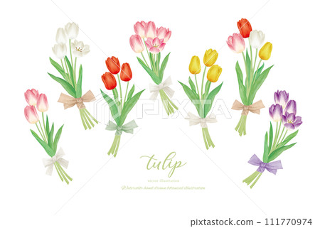 Watercolor hand drawn cartoon bouquet of colorful tulips 111770974