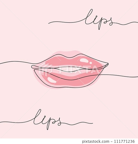 Continuous one line drawing of the lips on light background. Pink lips of a woman. Outline vector illustration. For banner, design element, template, postcard. 111771236